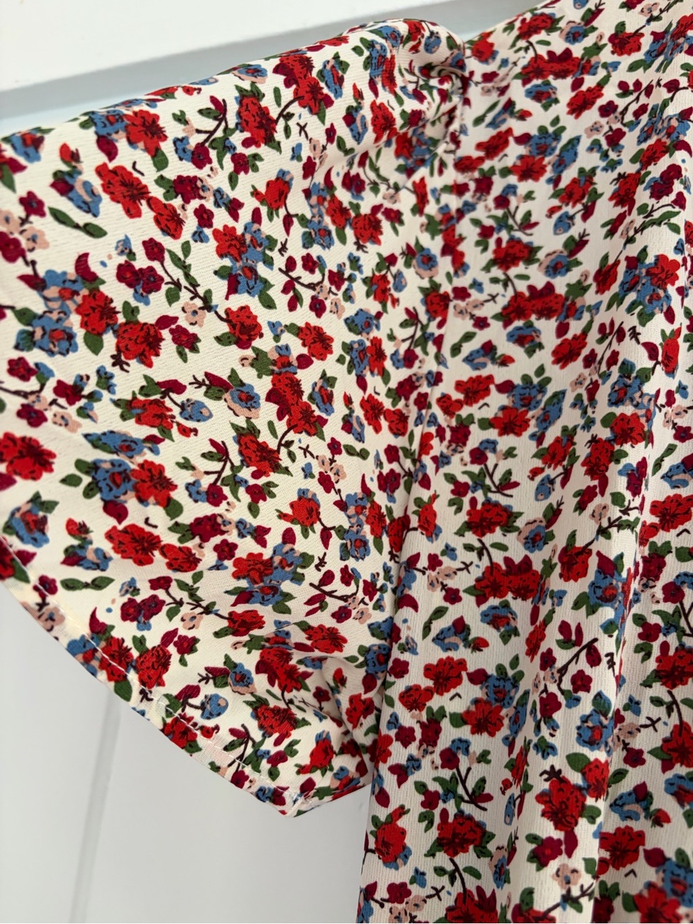 Floral Wrap Maxi Dress Slit - Cream/Red/Blue/ touch of light pink and green - Picture 8 of 9